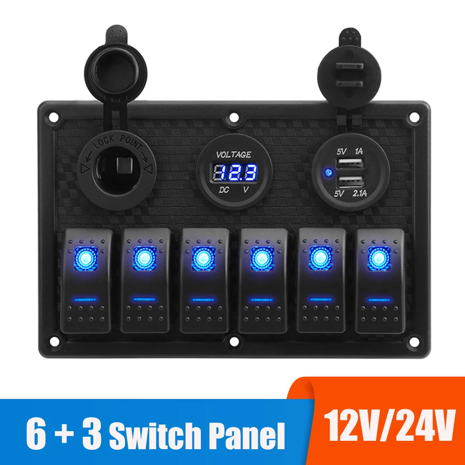 Panneau de commutation à 6 boutons 24V 12V avec voltmètre numérique et chargeurs USB 3.0