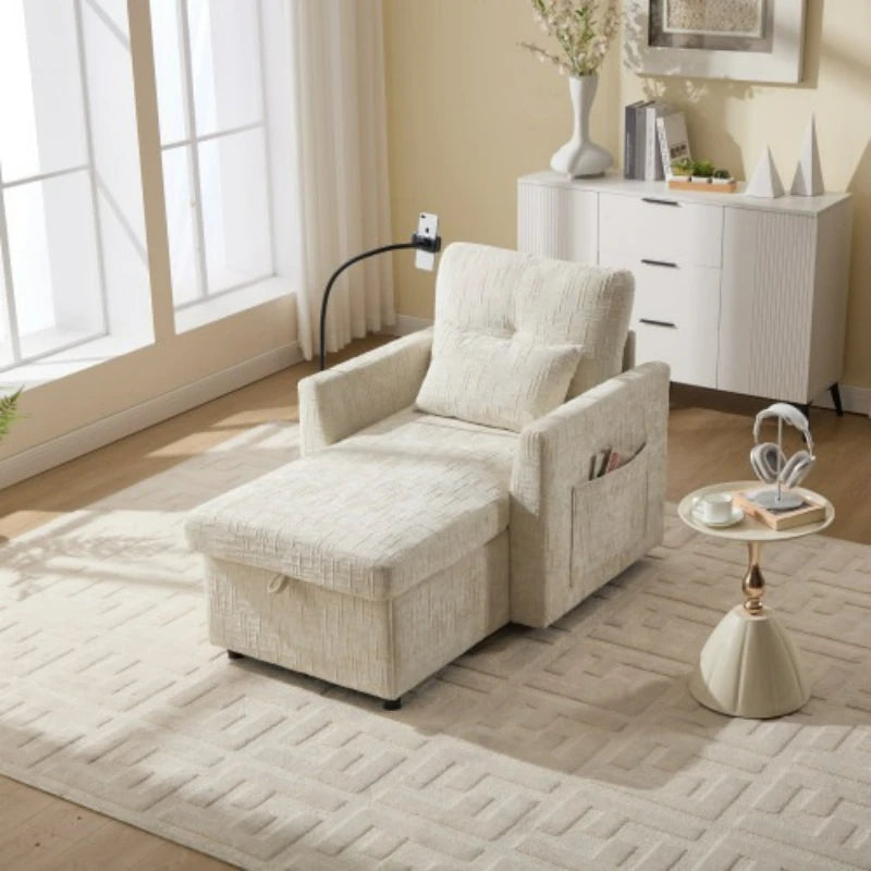 Шенилов шезлонг с прибираща се облегалка и държач за телефон