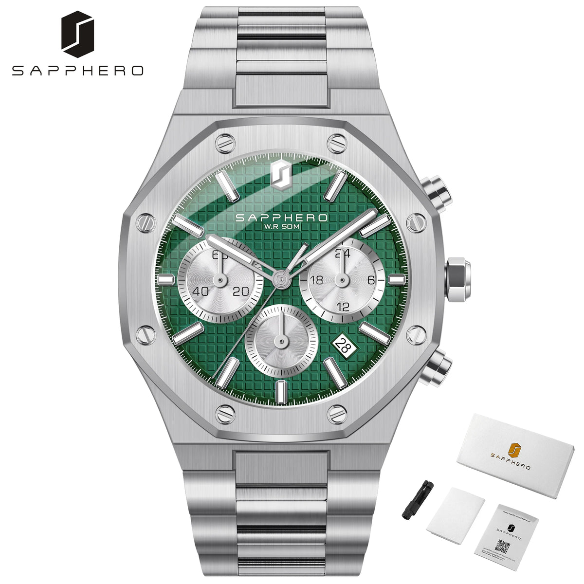 SAPPHERO Men's Watch &ndash; Waterproof Chronograph With Date Silver-green
