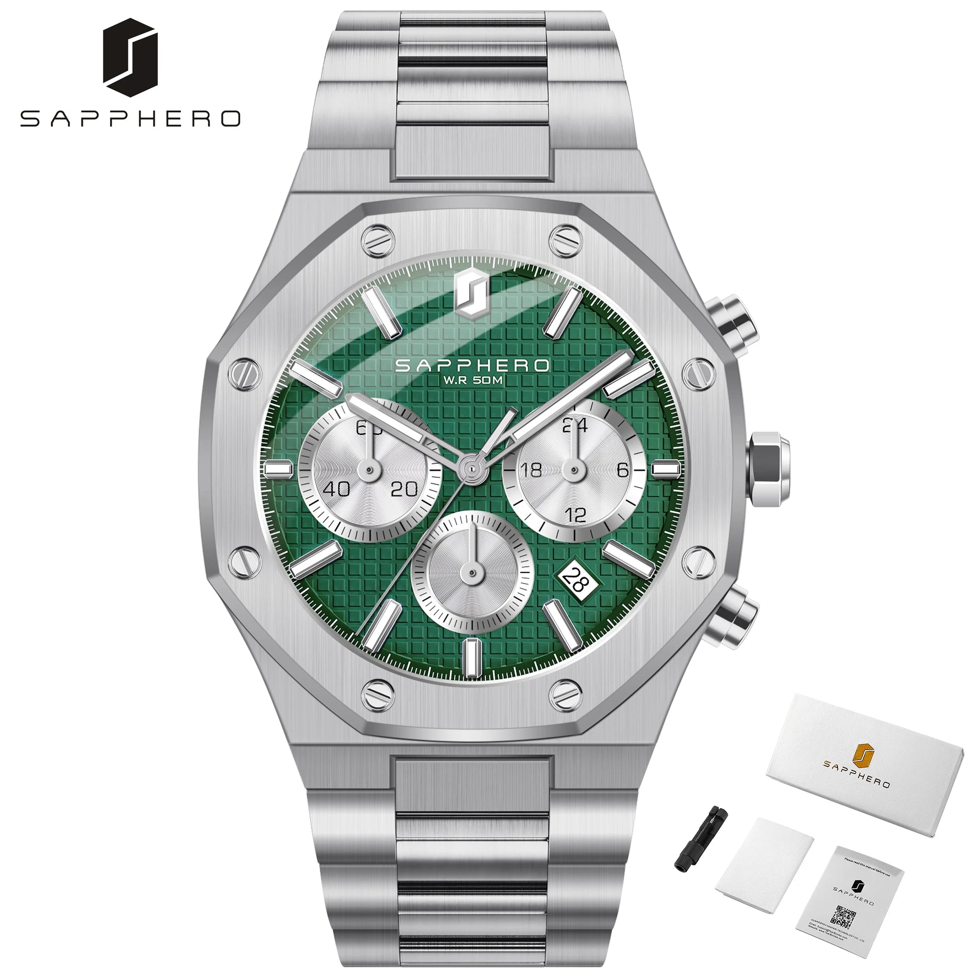 SAPPHERO Men's Watch &ndash; Waterproof Chronograph With Date Silver-green
