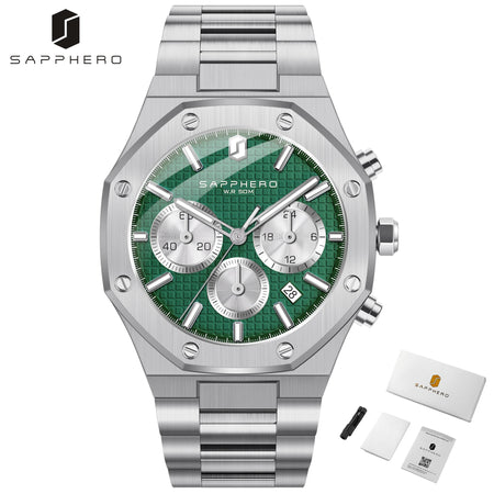 SAPPHERO Men's Watch &ndash; Waterproof Chronograph With Date Silver-green