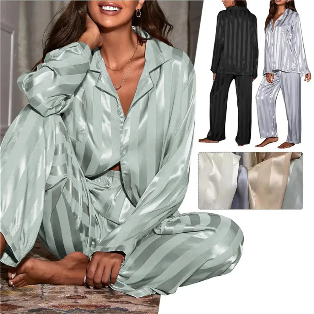 Women's Summer Striped Pajama Set - Silk Satin Long Sleeve Top &amp; Trousers