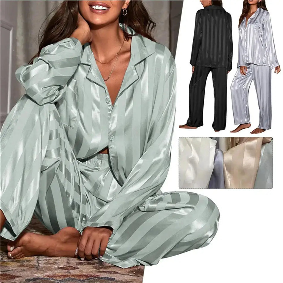 Women's Summer Striped Pajama Set - Silk Satin Long Sleeve Top &amp; Trousers