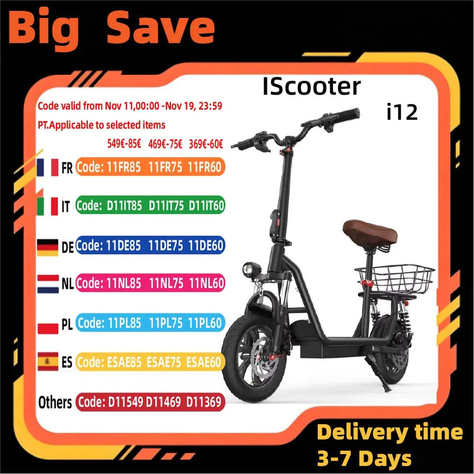 ISCOOTER I12 Ηλεκτρικό Σκούτερ Με Κινητήρα 500W, Μπαταρία 36V, Ελαστικά Δρόμου 12 Ιντσών