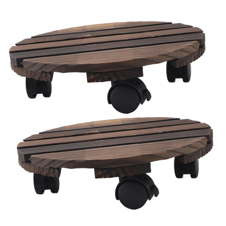 2PCS 11.8in Wooden Plant Stand With Wheels - 360 Rotation