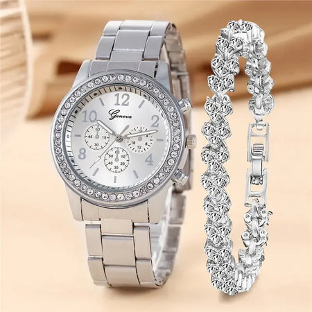 Luxury Women's Diamond Quartz Watch and Bracelet Set Silver