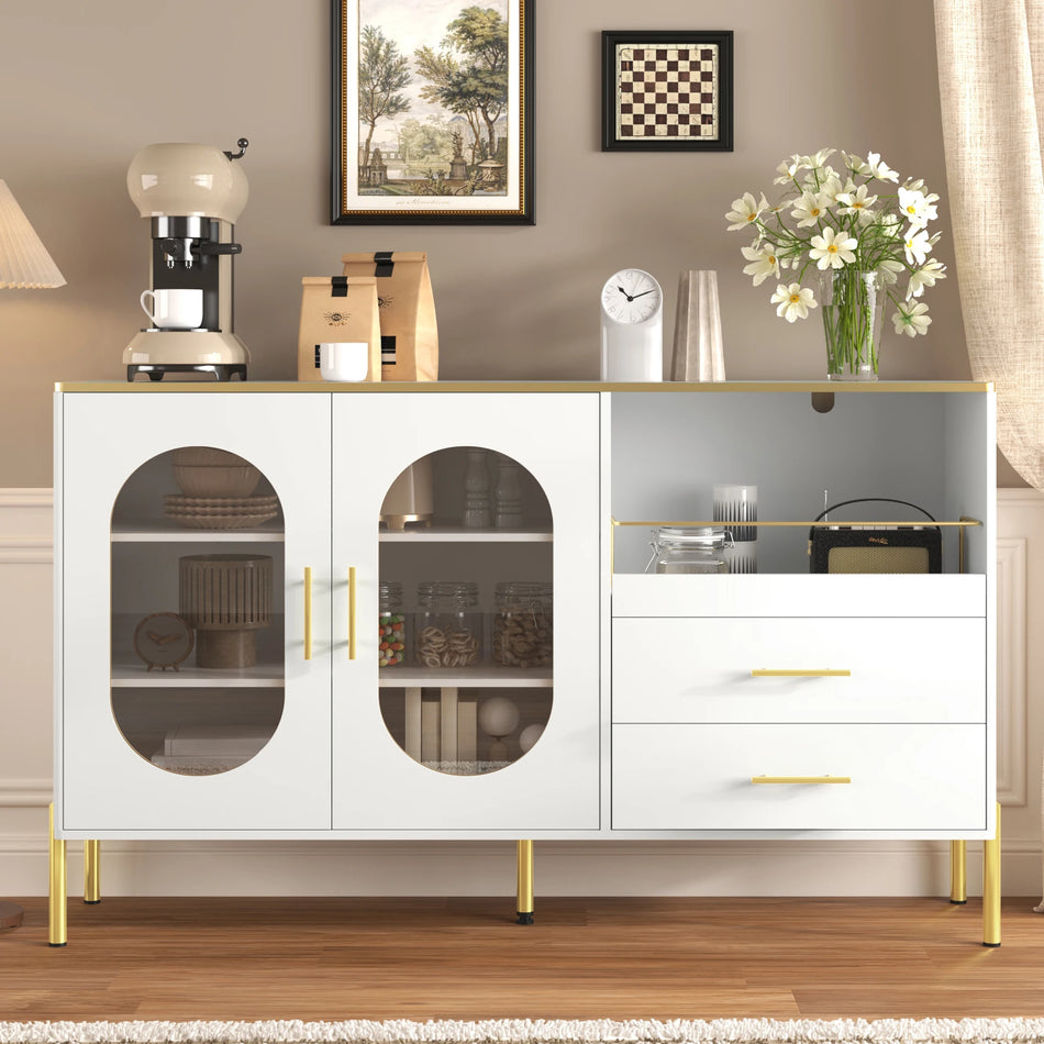 Aparador Moderno Blanco 2 Cajones Puertas de Cristal Accentos Dorados
