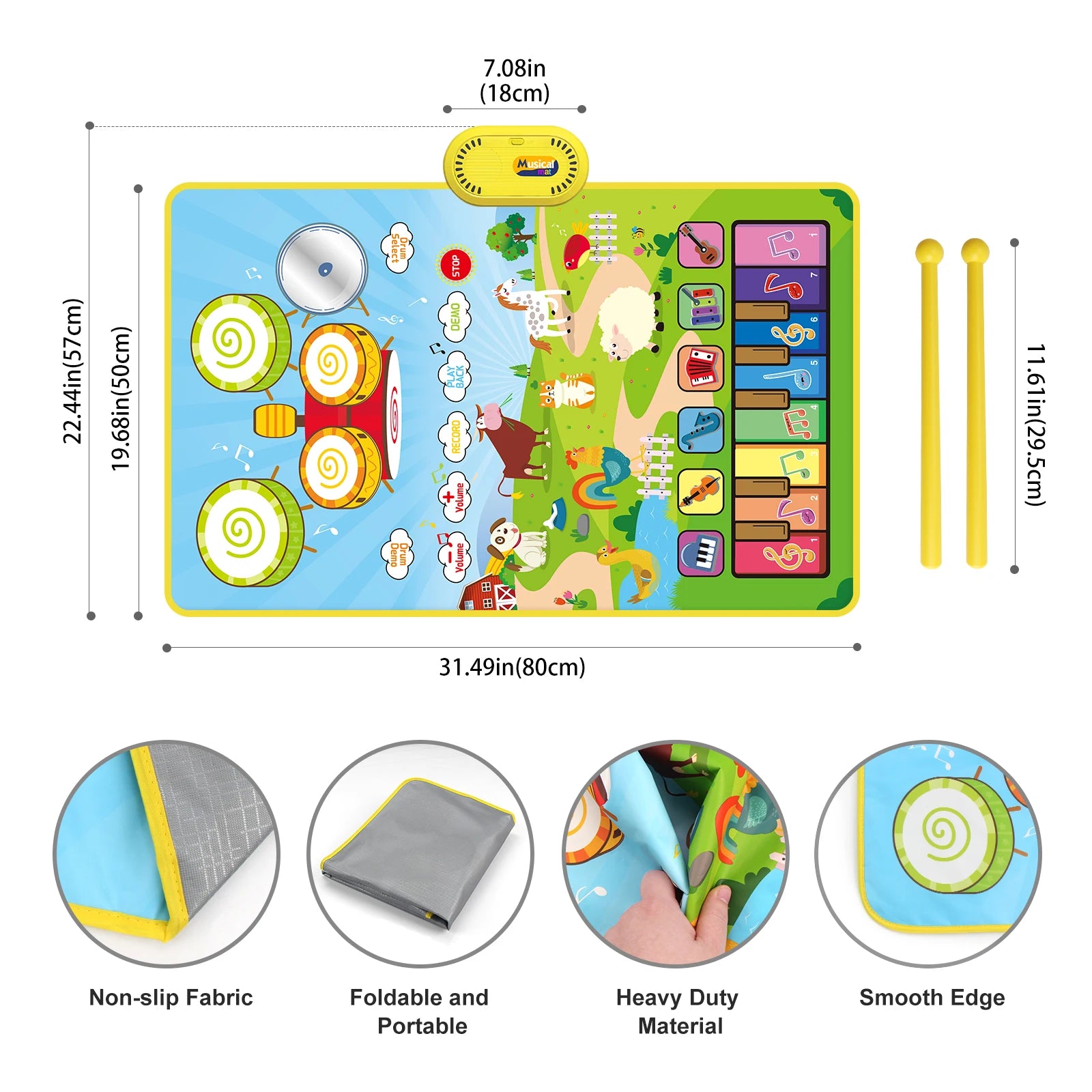 Toddler Educational Music Play Mat - 80x50cm Floor Piano &amp; Drum Mat with Instrument Sounds for Kids