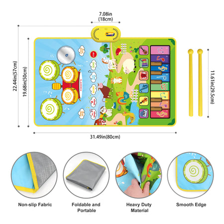Toddler Educational Music Play Mat - 80x50cm Floor Piano &amp; Drum Mat with Instrument Sounds for Kids