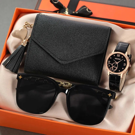 Chic Ladies Quartz Watch with Butterfly Wallet and Sunglasses Set Black
