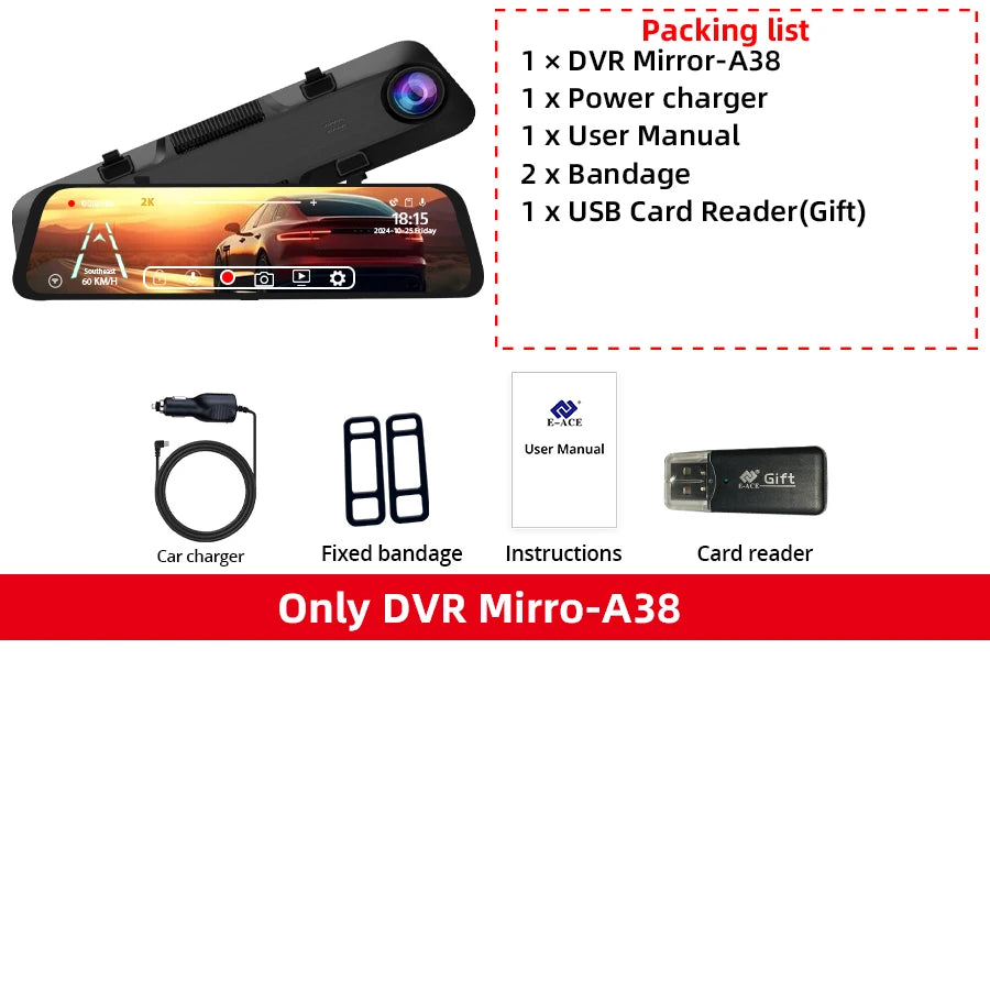 ACCEO 2.5K Dsahcam 12 Inch Touch Mirror - Built In WiFi Only Front Lens-A38 / 128G