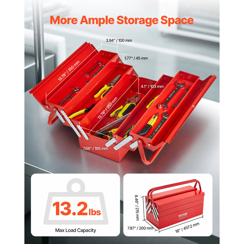 18-calowa metalowa skrzynka narzędziowa składana przenośna z 4 tacami i dolną skrzynką
