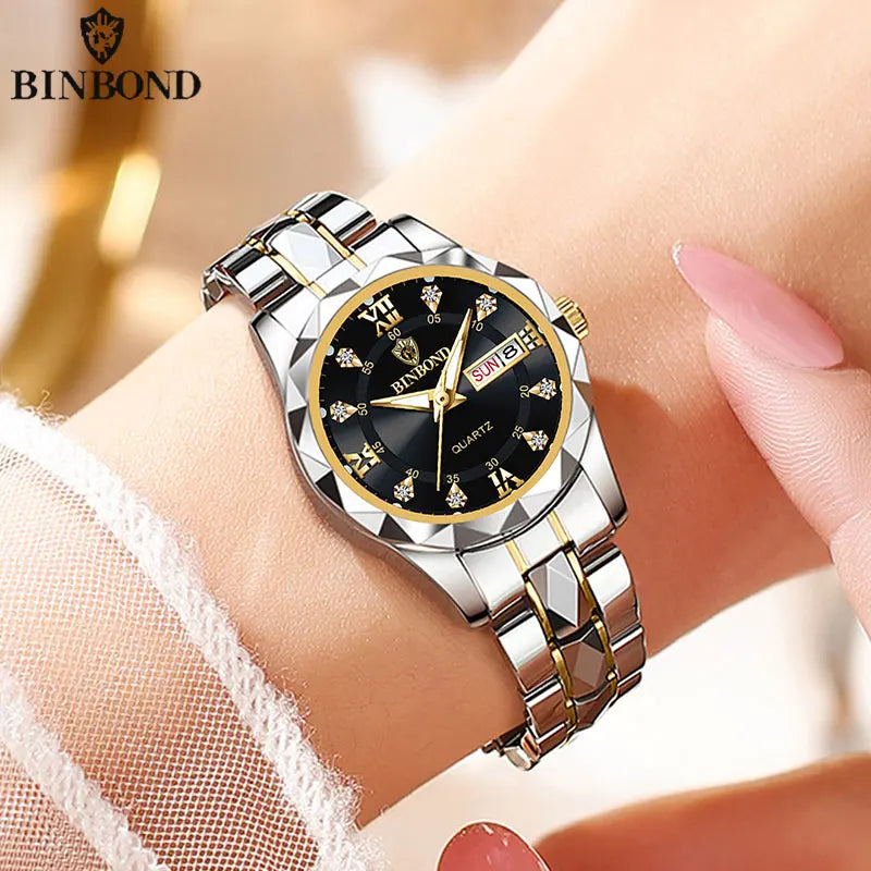BINBONG Luxury Ladies Quartz Watch - Waterproof &amp; Luminous Gold jian Black Ms