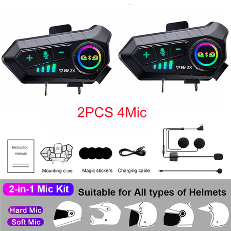 Kebidumei YP10 Bluetooth Motorcycle Helmet Intercom - 300M Wireless Communication System 2PCS 4Mic