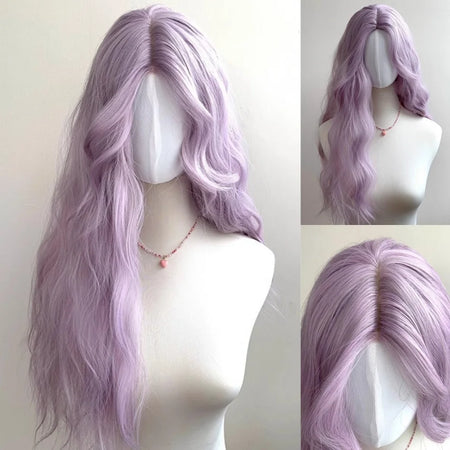 OLACARE Long Curly Wavy Pink Blonde Synthetic Wig with Fluffy Bangs