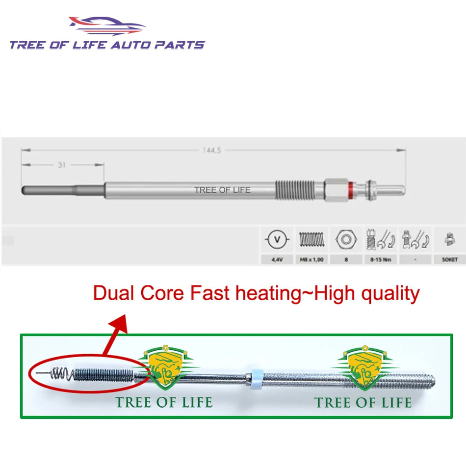 Комплект свечей накала для Chevrolet Cruze 2.0 CDI TD, двойное ядро 4.4V, комплект замены из 4 штук