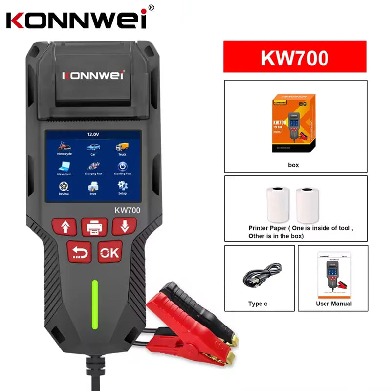 KONNWEI KW700 12/24V Battery Tester with Printer 10-2000 CCA