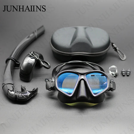 JUNHAIINS Tempered Glass Freediving Mask with Foldable Snorkel &amp; Camera Mount BLACK BLUE SET