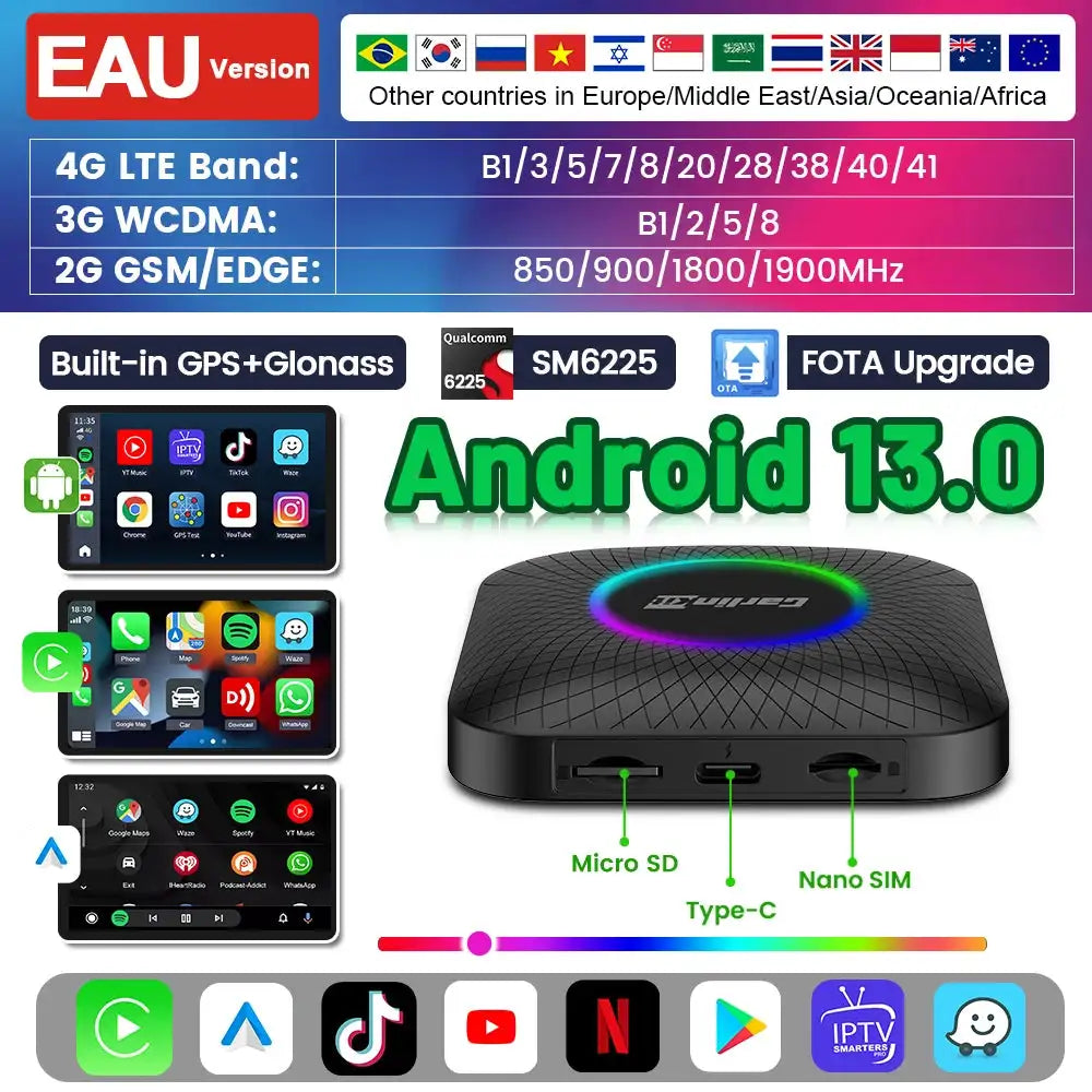Carlinkit Android 13 CarPlay AI Box 8 Core 6225 64GB 128GB LED Android 13 EAU / 8GB 128GB