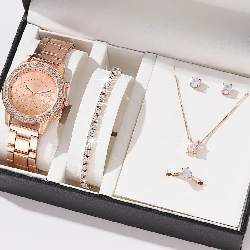 MOONBIFFY Luxury Women&rsquo;s Quartz Watch with Diamond Accents and Matching Jewellery Set MGJ4