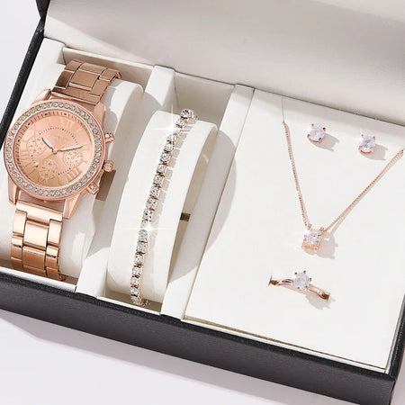 MOONBIFFY Luxury Women&rsquo;s Quartz Watch with Diamond Accents and Matching Jewellery Set MGJ4