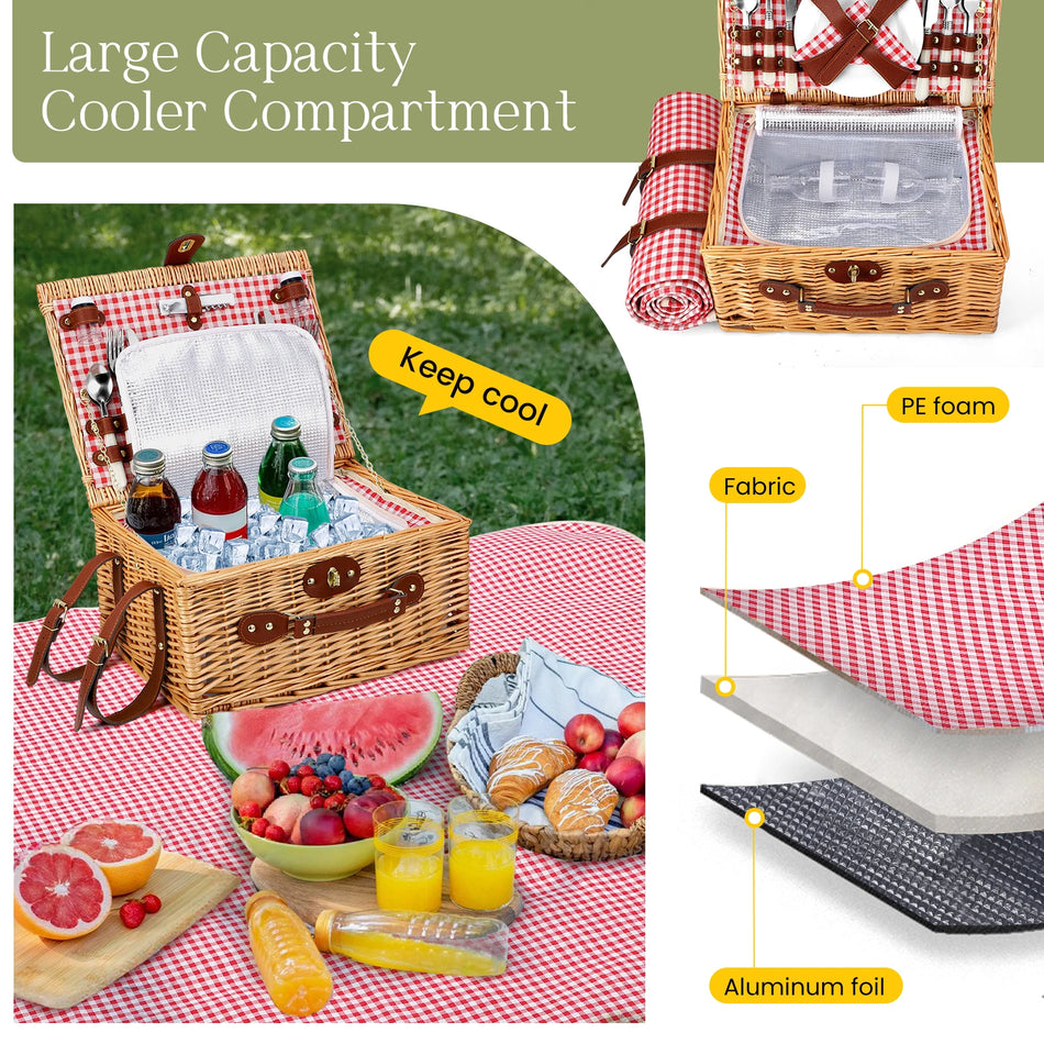 Coș de picnic din salcie făcut manual pentru patru persoane cu pătură și tacâmuri