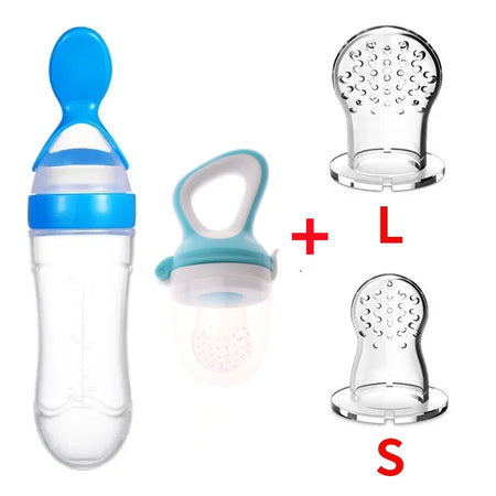 Safe Silicone Baby Feeding Spoon Bottle and Fruit Feeder Kit Blue 4Pcs Set B