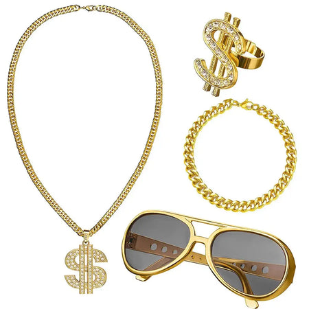 80s 90s Hip Hop Rapper Costume Set With Gold Chain Glasses One Size / 4Pcs