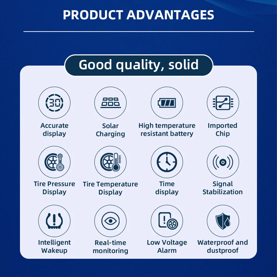 Solar Charging TPMS 4 Sensors - Accurate Pressure Alarm