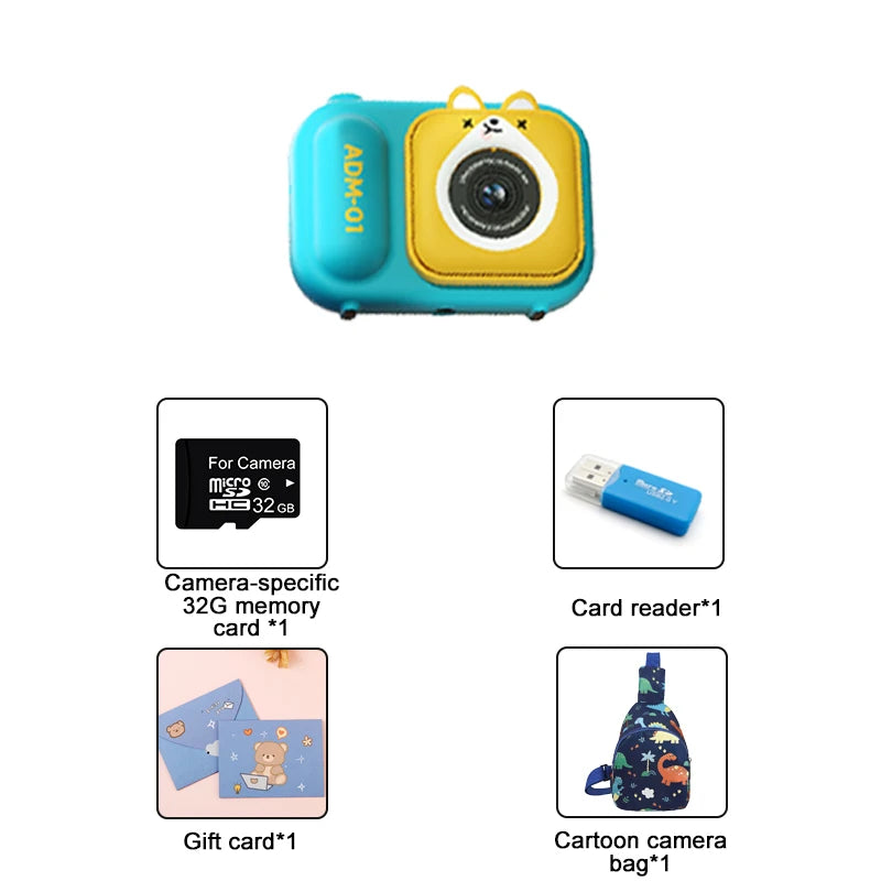 Children Video Camera For Kids - Dual Front And Rear Lenses Blue-with bag
