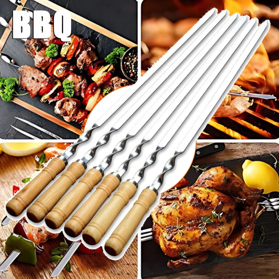 Premium 12-Piece Stainless Steel Barbecue Skewers with Wooden Handles