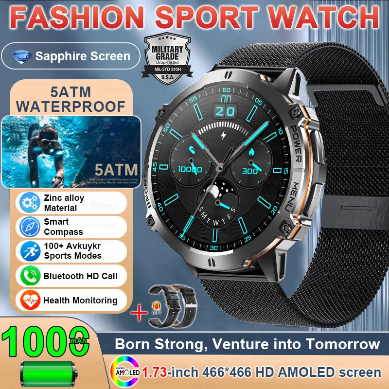 New 1000MAH Super Endurance Smart Watch &ndash; AMOLED Display Black Mesh Belt 2 / GPS SmartWatch