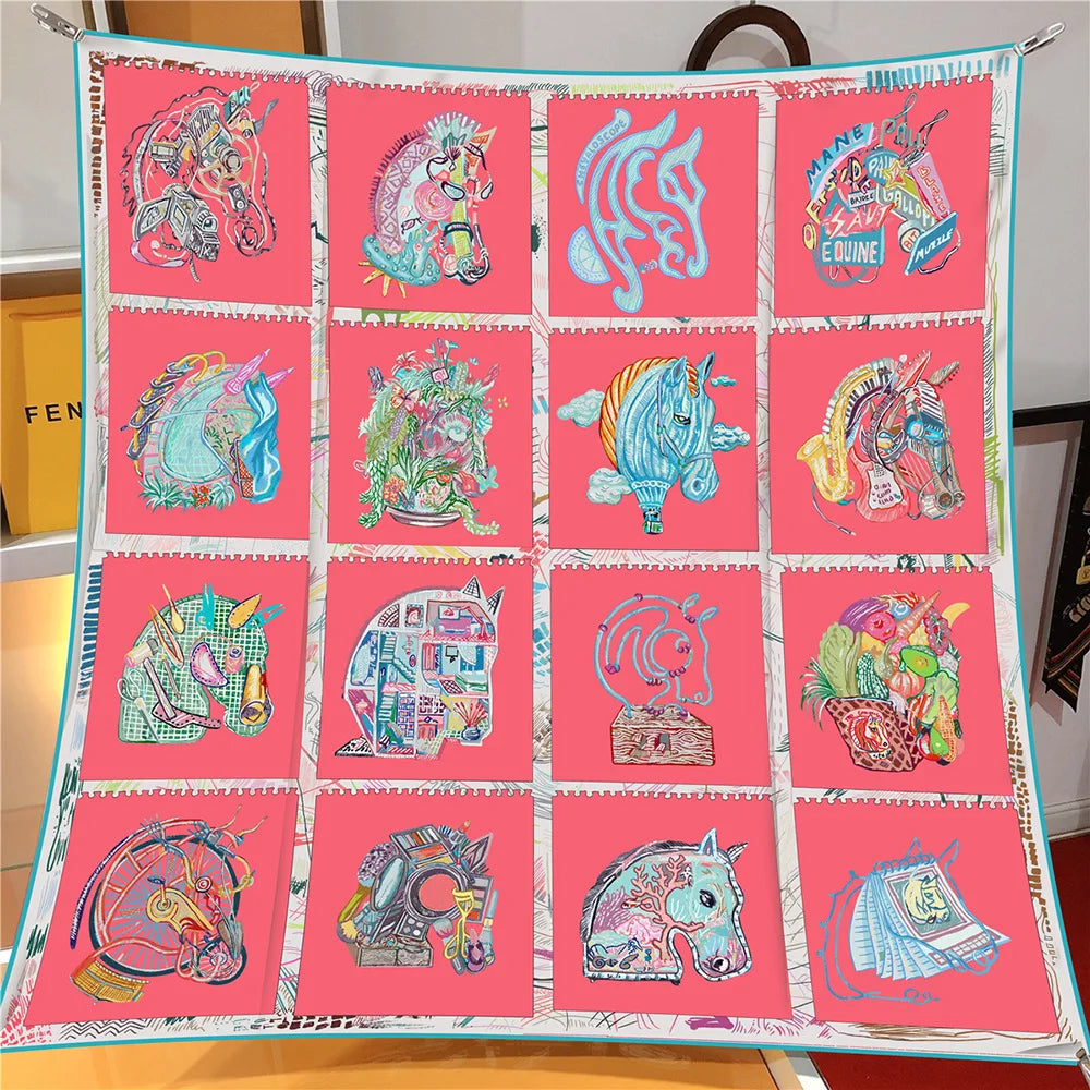 Pobing 90cm Twill Silk Scarf &ndash; Elegant Checkered Horse Print ROSE(4) / 90CM x 90CM / CHINA|>8Y