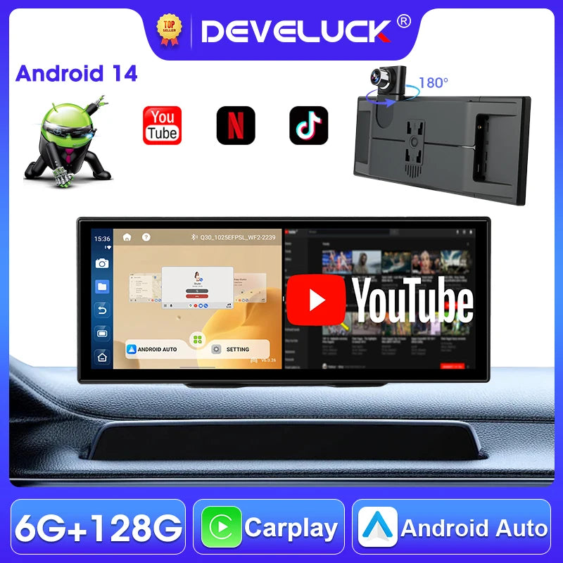 Develuck 11.26Polegadas Android 14 Gravador de Vídeo para Carro DVR 180 Câmara Frontal 6GB RAM 128GB ROM Câmara Dupla Dash Cam CarPlay WiFi 1080P Câmara Traseira