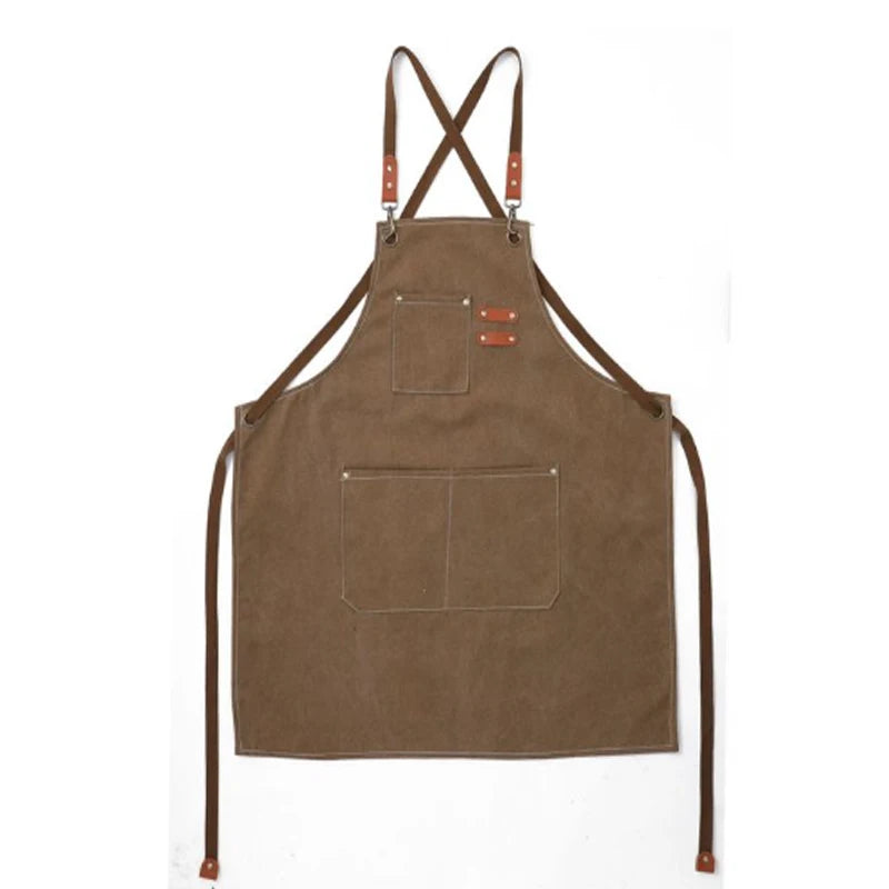 Unisex Canvas Bib Leather Apron &ndash; For Kitchen And Barista Brown