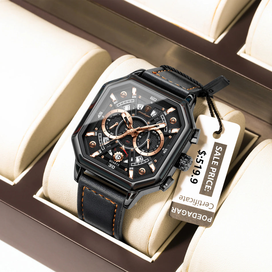 Chronograph Square Men's Watch with Leather Strap Waterproof Luminous Date