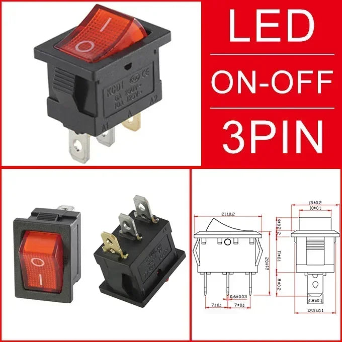 KCD1 Snap-In Boat Rocker Switch &ndash; Reliable On Off Functionality Red Light 3Pin / 100 PCS