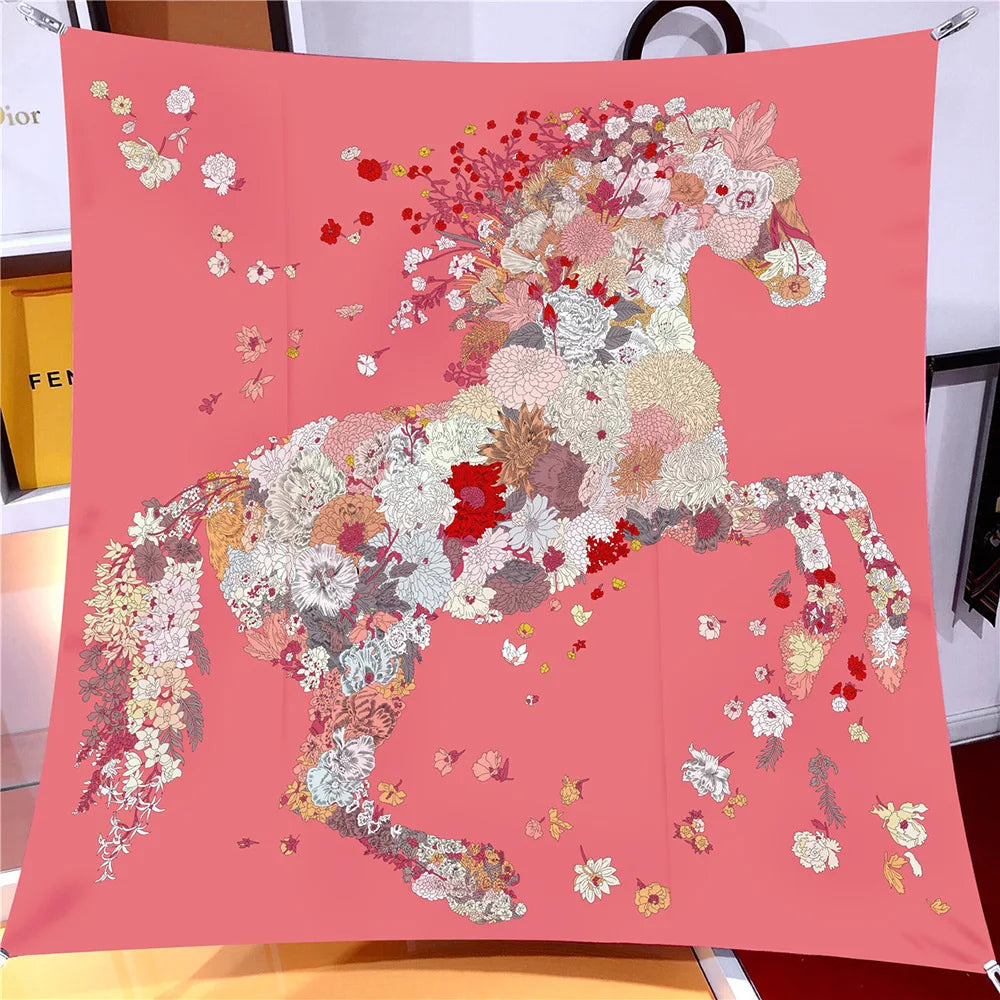 Pobing 90cm Twill Silk Scarf &ndash; Elegant Checkered Horse Print