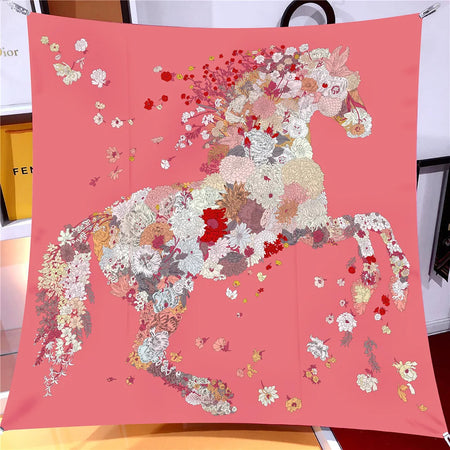 Pobing 90cm Twill Silk Scarf &ndash; Elegant Checkered Horse Print