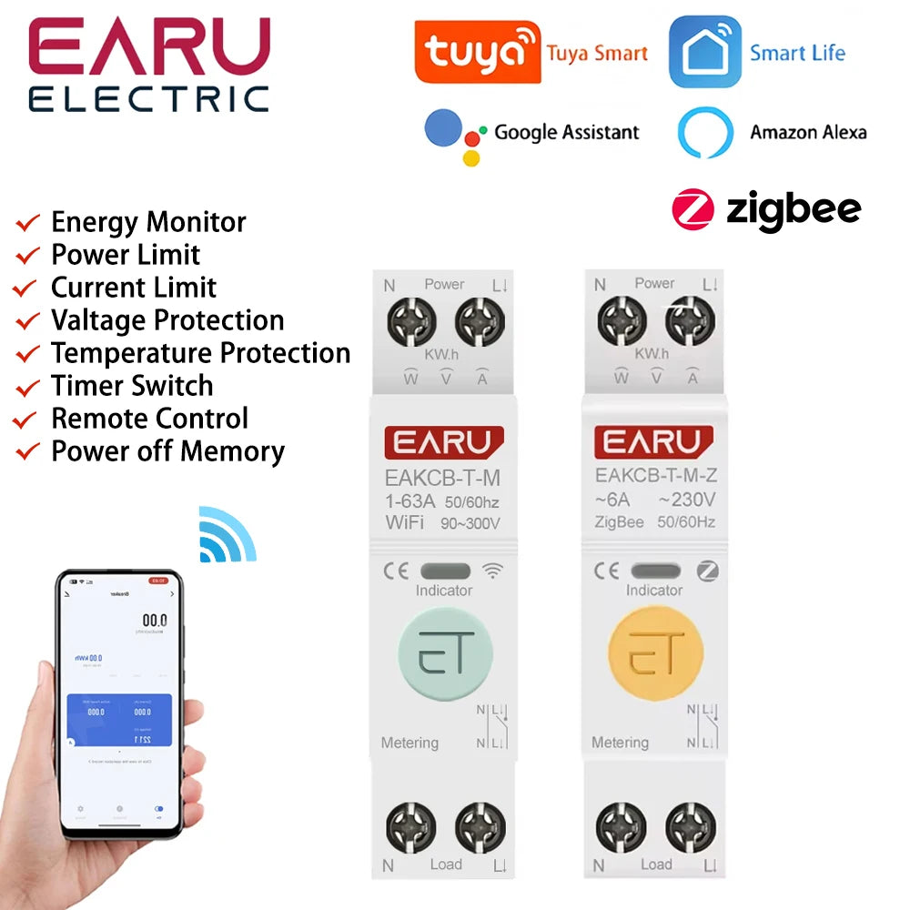 Tuya WiFi Zigbee Smart Circuit Breaker MCB 1P+N 63A with Remote Control and Energy Monitoring 1-63A (Adjustable) / CHINA / Wifi