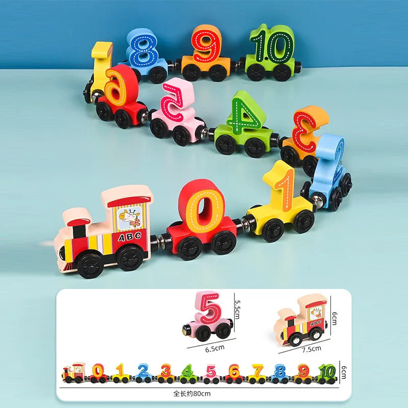 Montessori Magnetic Wooden Educational Train Set - Learning Colors and Animals Puzzle for Kids, Includes 10 Carriages with Cute Themes Number