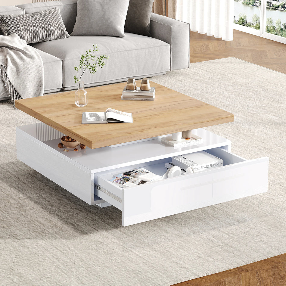 Mesa de café blanca de alto brillo giratoria de 360 grados de 2 niveles