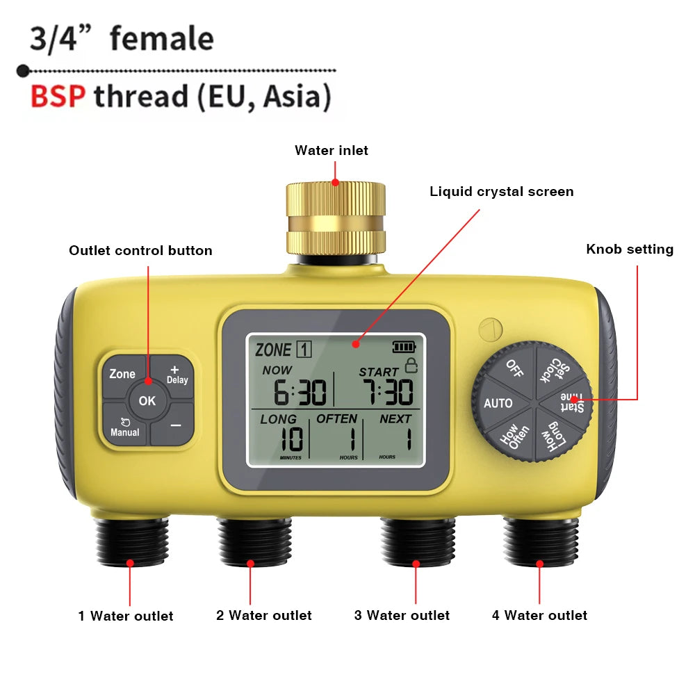 4-Outlet Irrigation Water Timer &ndash; Independent Watering Control System Roller BSP Thread