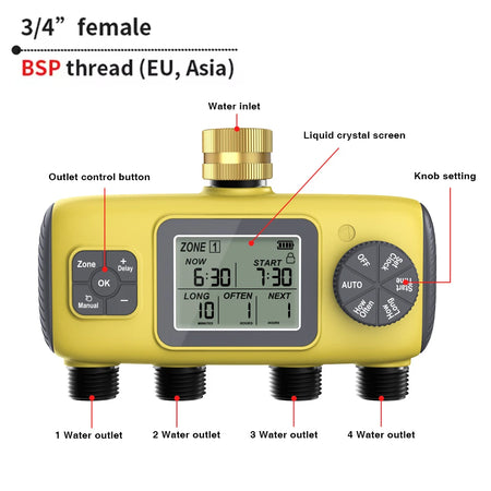 4-Outlet Irrigation Water Timer &ndash; Independent Watering Control System Roller BSP Thread