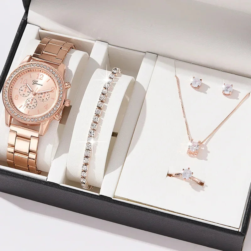 MOONBIFFY Luxury Women&rsquo;s Quartz Watch with Diamond Accents and Matching Jewellery Set MGJ1