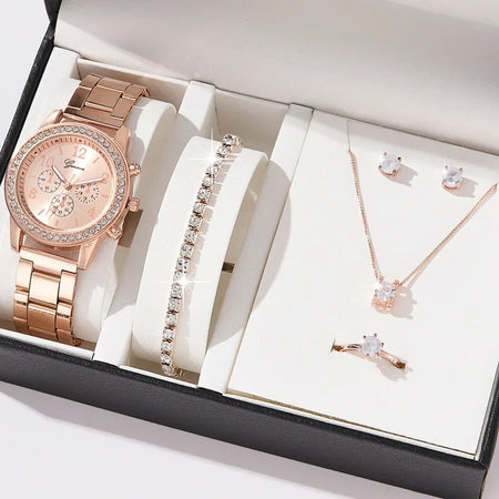 MOONBIFFY Luxury Women&rsquo;s Quartz Watch with Diamond Accents and Matching Jewellery Set MGJ1