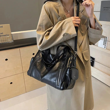 Women PU Leather Crossbody Zipper Tote Bag For Work Travel Black