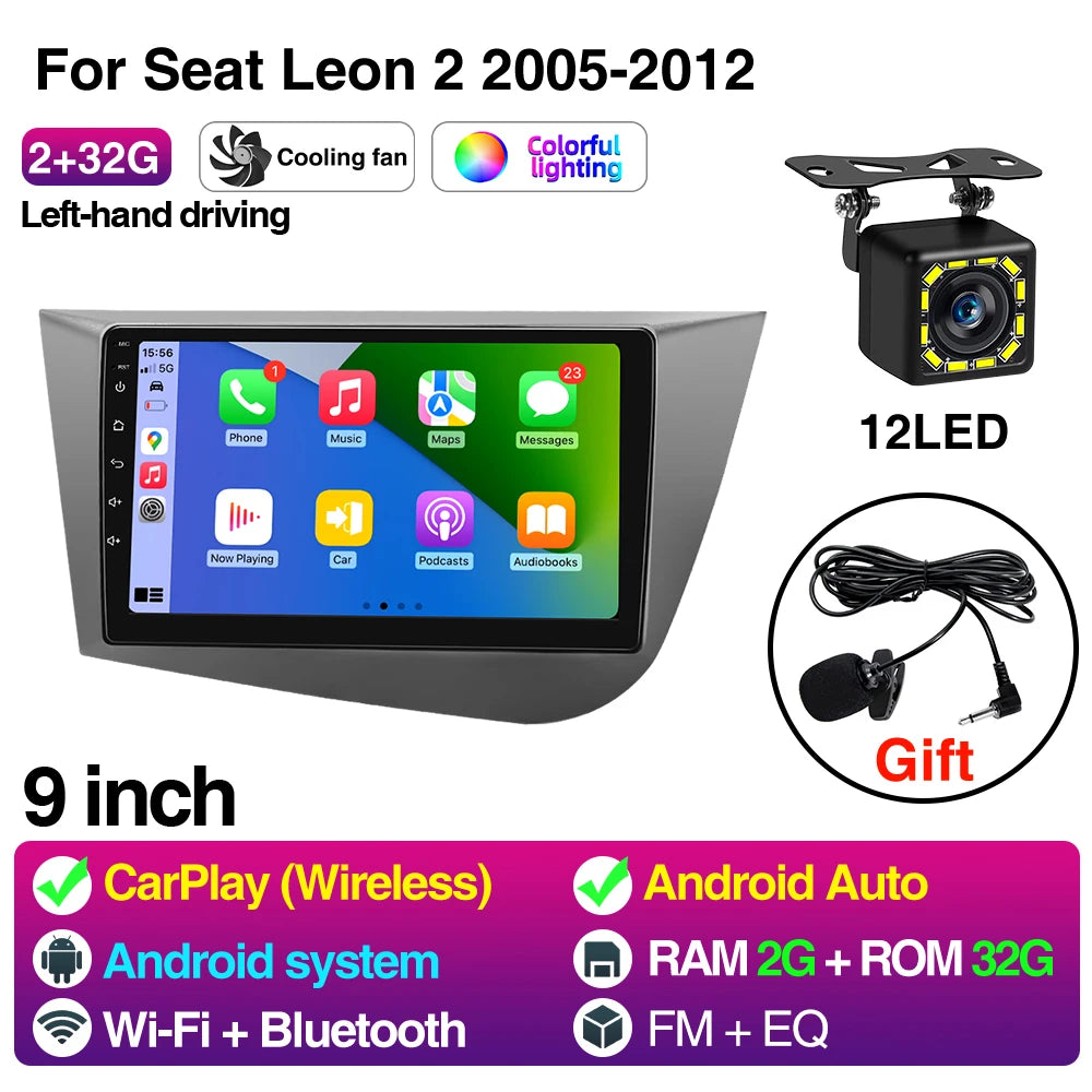 9Inch Car Radio For Seat Leon MK2 2005-2012 - CarPlay 2 32G 12LED
