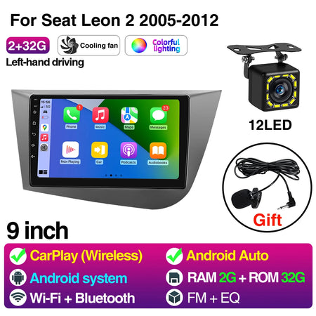 9Inch Car Radio For Seat Leon MK2 2005-2012 - CarPlay 2 32G 12LED