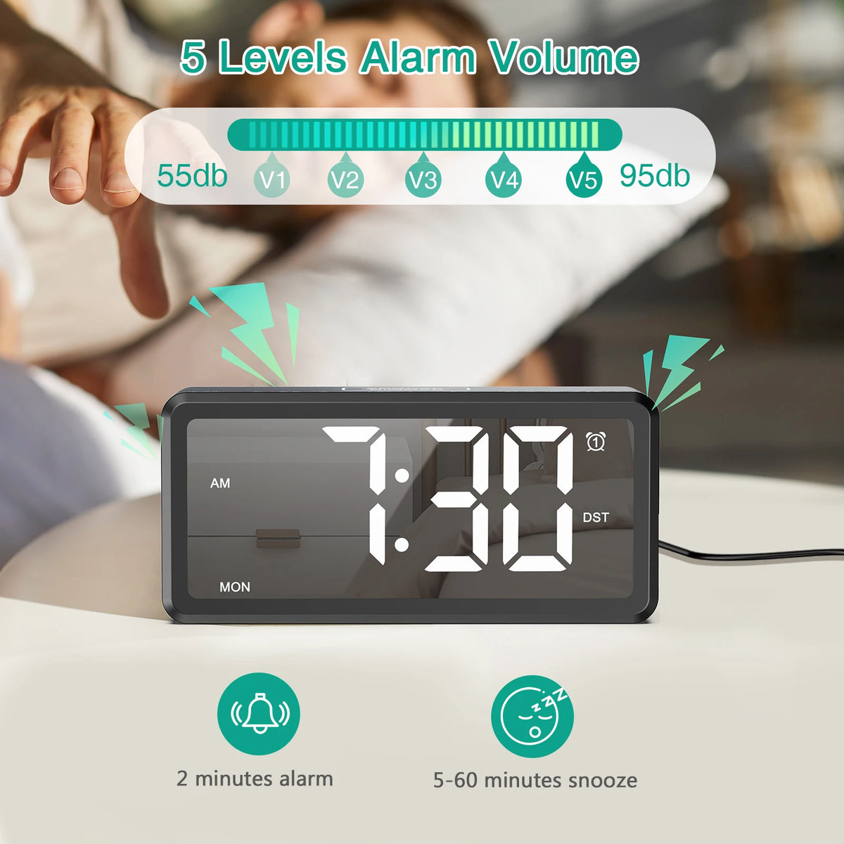 ORIA Wooden Grain Alarm Clock &ndash; Dual Alarm and Snooze Feature